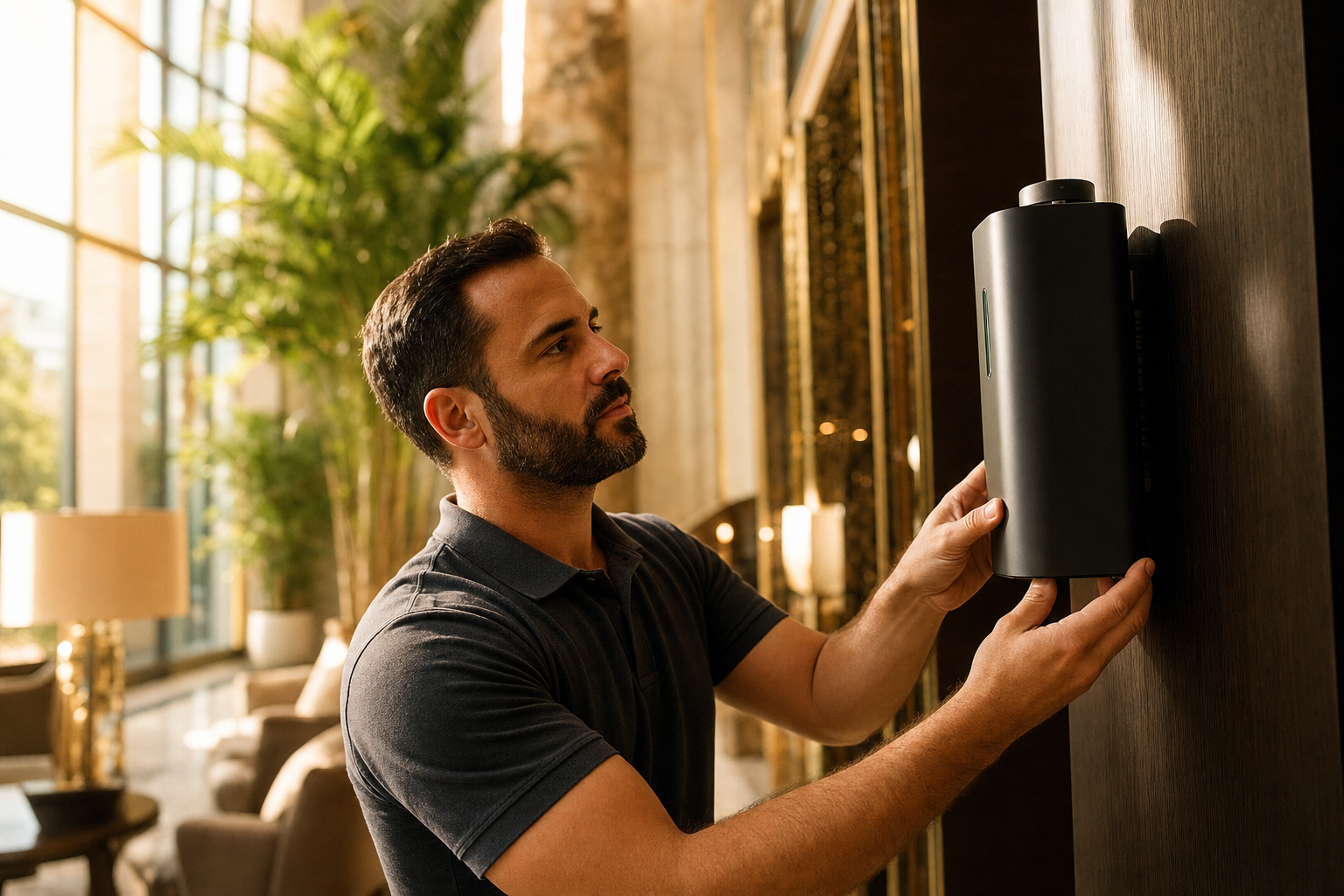 Ambiance iQ technician calibrating a wall-mounted scent diffuser in a hotel lobby