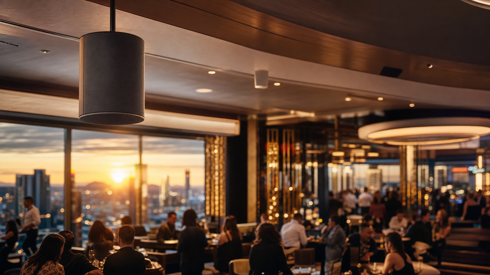 Upscale restaurant interior at golden hour, scent program operating quietly in the background